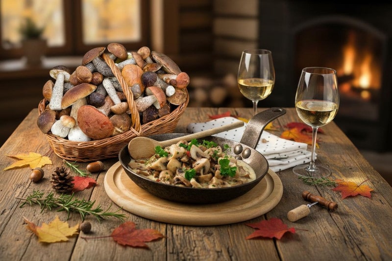 Autumnal still life with a mushroom pan made from fresh mixed mushrooms, two glasses of white wine, a large basket full of wild mushrooms and autumnal decorative elements on a rustic wooden table, with a log fire in the background.