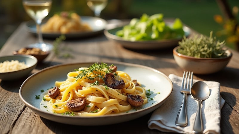 Wine with food Tagliatelle porcini mushrooms, autumn pasta, Chardonnay, garden table, mushroom dish in the sunlight