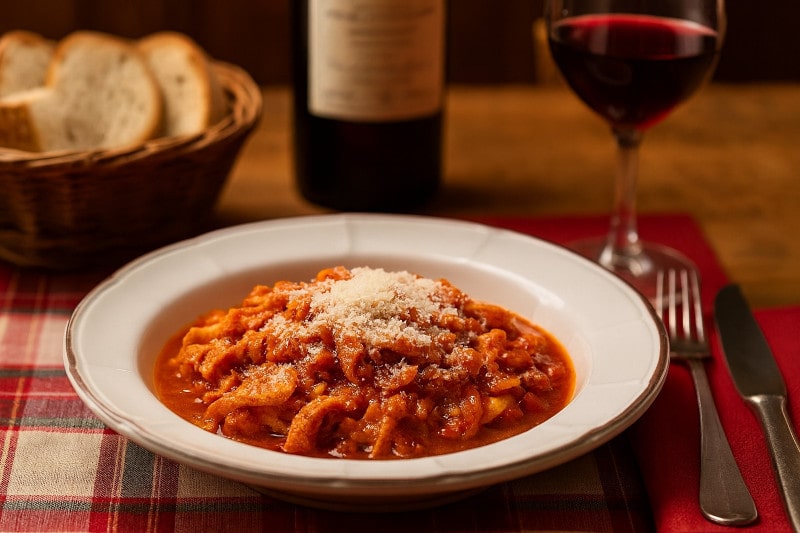 Wine with the meal Trippa alla Fiorentina, tripe Florentine style, Vino Nobile di Montepulciano DOCG, Florentine table scene