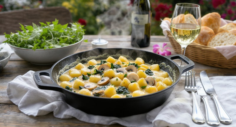 Wine with food Gnocchi mushrooms spinach, creamy gnocchi pan, GrĂ¼ner Veltliner, winter garden, vegetarian feel-good meal