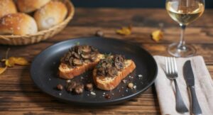 Wine with food Chestnut mushrooms, roasted wild mushrooms, Pinot Blanc Palatinate, garden table, autumn atmosphere