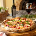 Wine with food Pizza Funghi, crispy mushroom pizza, Bardolino DOC, Mediterranean terrace, Italian joie de vivre
