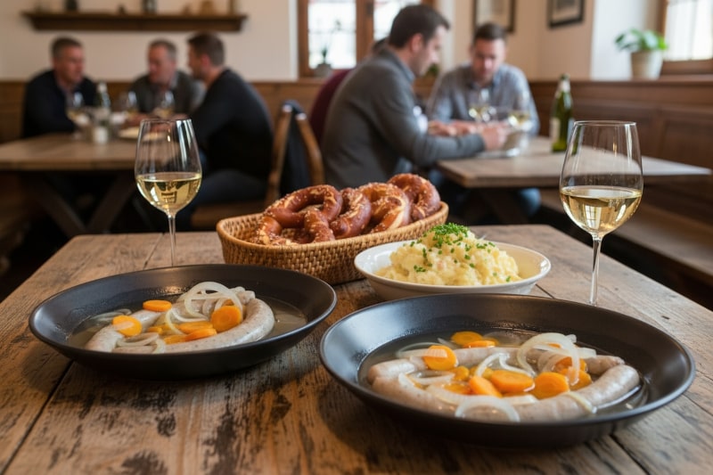 Wine with food: Blaue Zipfel with onion rings in vinegar, served in a Franconian beer garden with Müller-Thurgau and pretzels