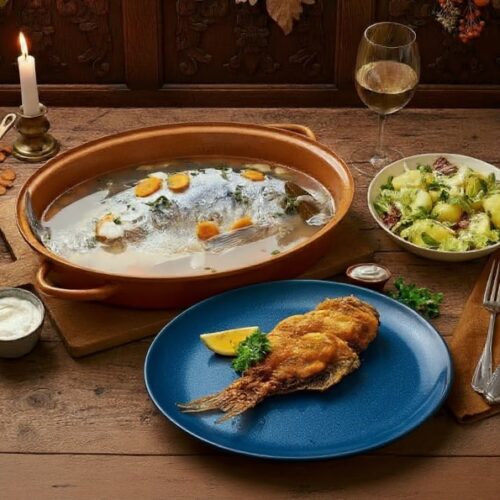 Wine with your meal - Franconian carp (blue & baked) with side dishes on a wooden table and Pinot Blanc by the glass
