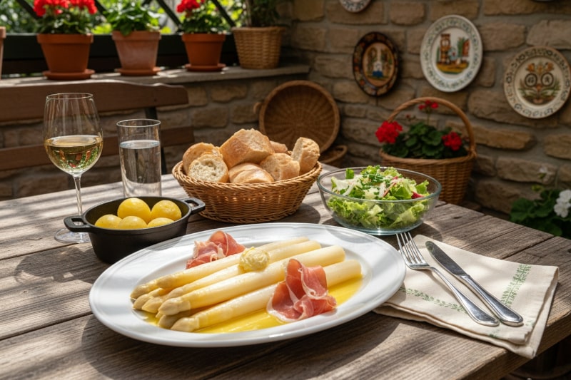 Wine with your meal Franconian asparagus with butter and ham, potatoes, cress salad, Silvaner Erste Lage