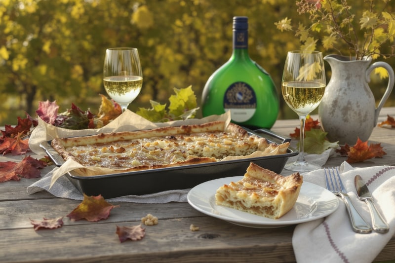 Wein zum Essen – Fränkischer Zwiebelkuchen mit Silvaner auf fränkischer Weinterrasse, herbstlich gedeckt