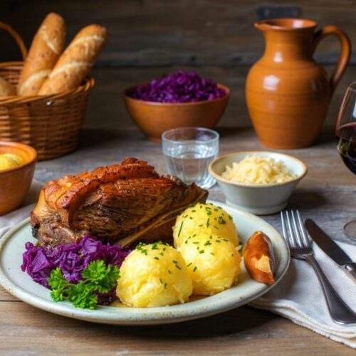 Wein zum Essen – Fränkisches Schäufele mit Kruste, Klößen und Domina QbA aus Franken