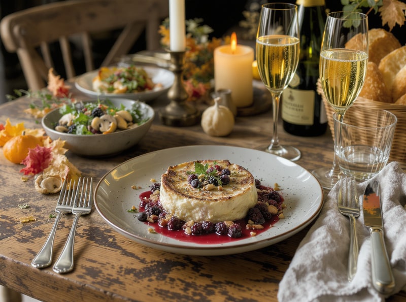 Wine with food Baked camembert with wild berries, nuts, mushroom salad and pet nat in an autumnal setting