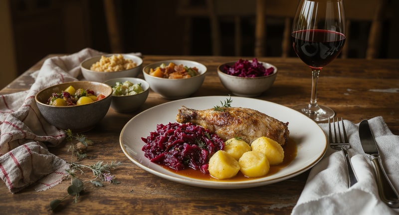 Wine to accompany the meal Roast leg of goose with quince and red cabbage and potato dumplings, served with a glass of Blaufränkisch from Burgenland