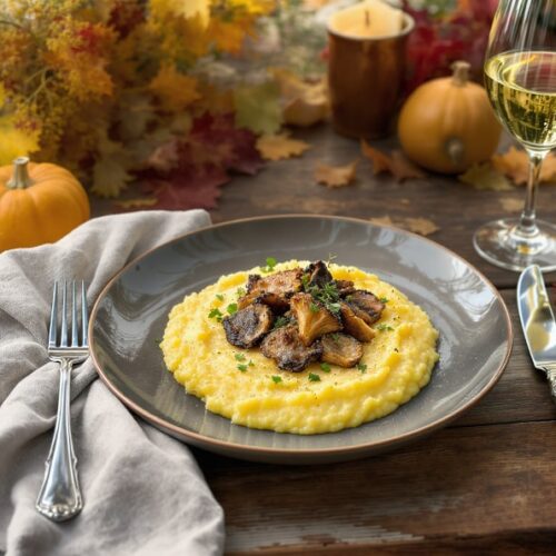 Wein zum Essen – Gebratene Pfifferlinge auf Polenta mit Kräutern, serviert mit Chardonnay im herbstlichen Garten