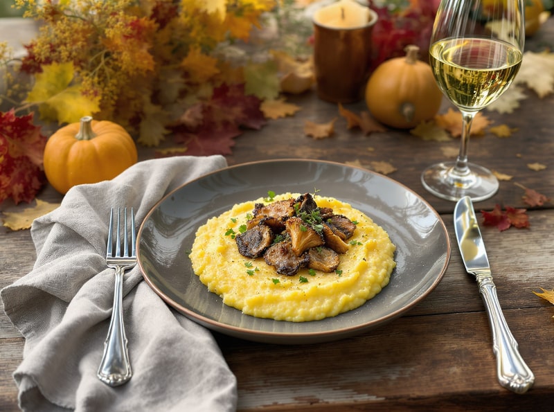 Wine with food - Roasted chanterelles on polenta with herbs, served with Chardonnay in the autumn garden