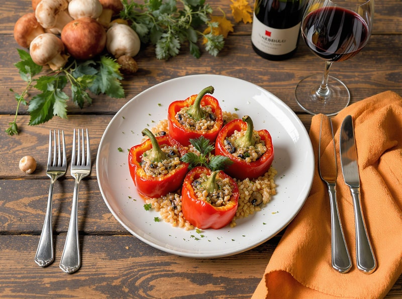 Wine with food Stuffed peppers with wild mushroom risotto and Nebbiolo in an autumnal setting