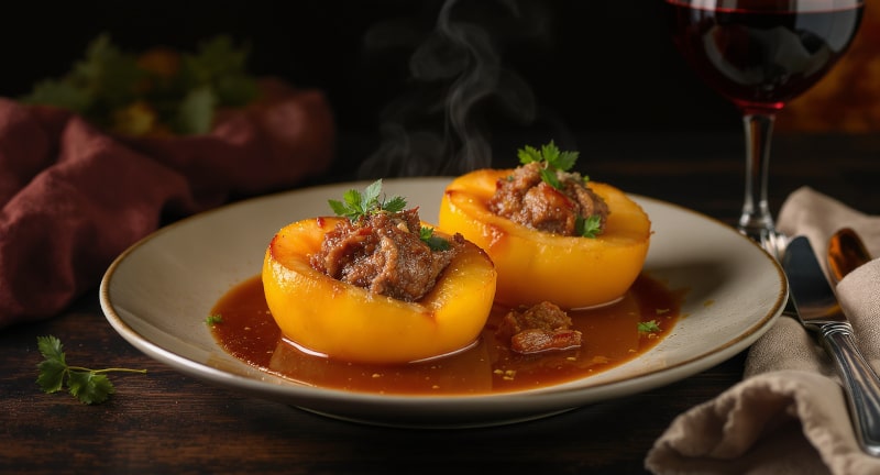 Wine with food Stuffed quinces with minced lamb and oriental spices, served with a glass of Syrah from Stellenbosch, South Africa