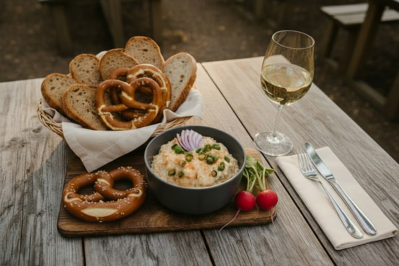 Wine with food - plucked pork with Bacchus, farmhouse bread and pretzels on a beer garden table