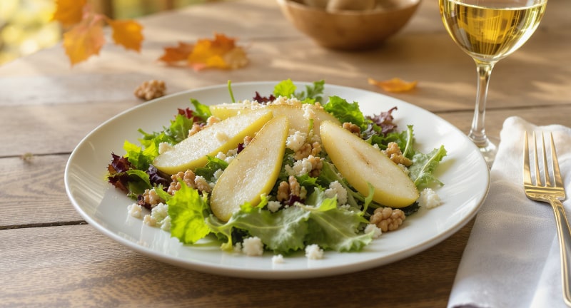 Wein zum Essen Herbstsalat mit Birne, Walnuss und Gorgonzola, serviert mit einem Glas Riesling Kabinett von der Mosel