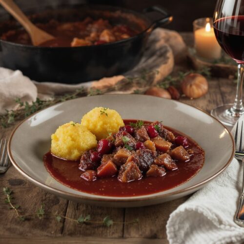 Wein zum Essen – Hirschgulasch mit Maronen und Preiselbeersauce mit Spätburgunder im Glas