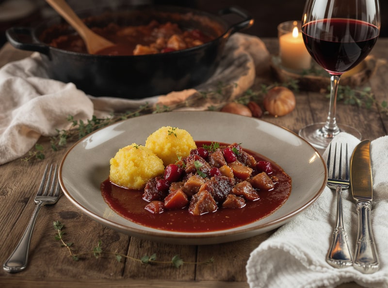 Wine with food - Venison goulash with chestnuts and cranberry sauce with Pinot Noir by the glass