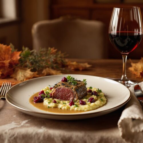 Wine to accompany the meal Saddle of venison wrapped in herbs with celeriac puree and Barolo wine pairing