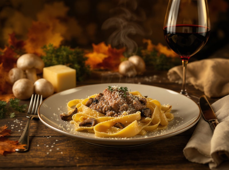 Wine with the meal Veal stew with porcini mushrooms & ribbon noodles, autumnal table scene with Pinot Noir