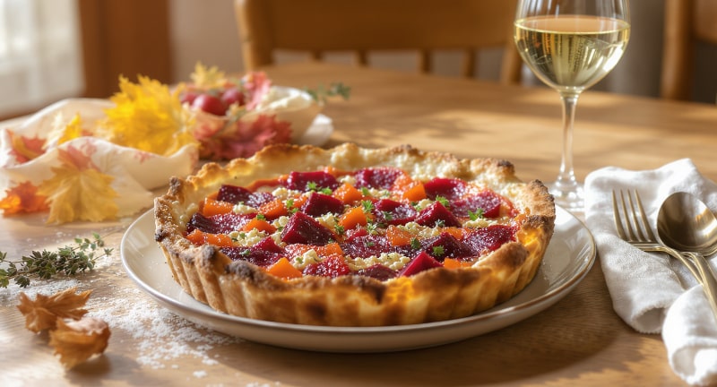 Wein zum Essen karamellisierte Rote-Bete-Tarte mit Ziegenkäse und Thymian, serviert mit einem Glas Pinot Gris aus dem Elsass
