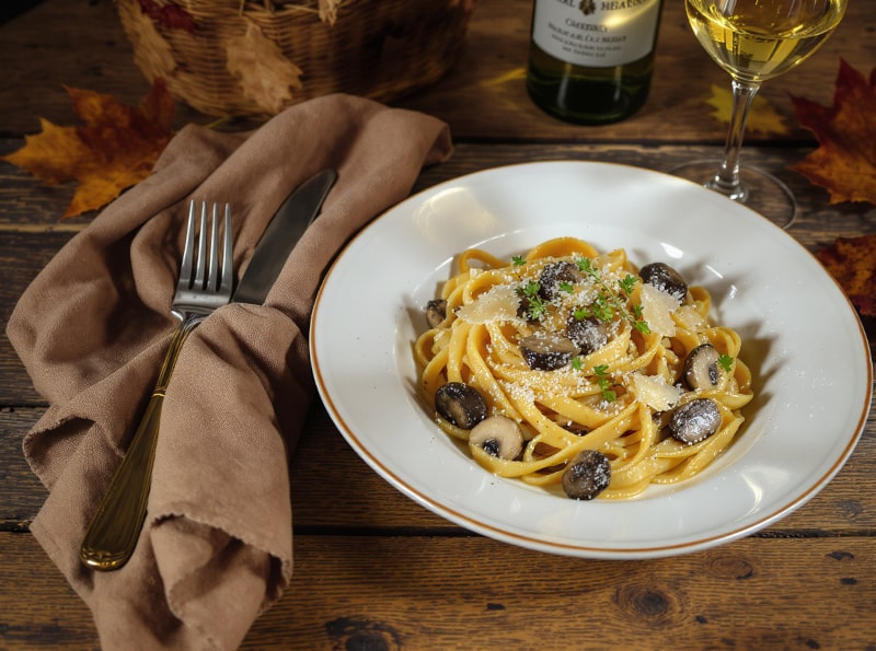 Wine with the meal Chestnut tagliatelle with truffle cream & wild mushrooms, served with Chardonnay from Meursault, autumnal scene on a wooden table