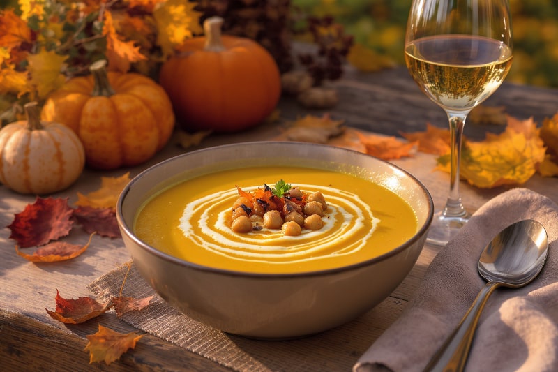 Wine with food Parsnip and pumpkin soup with curry and roasted chickpeas, served with Viognier