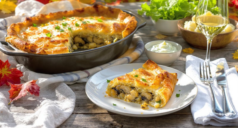 Wine with the meal Mushroom strudel with leek and herb cream, served with a glass of Grüner Veltliner from the Kamptal, Austria