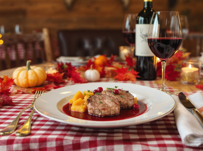 Wine with food Venison medallions with cranberry jus, pumpkin gnocchi and Blaufränkisch in an autumnal atmosphere