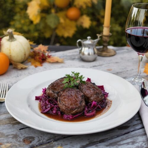 Wein zum Essen – Rehmedaillons mit Wacholder und Rotkraut auf Teller