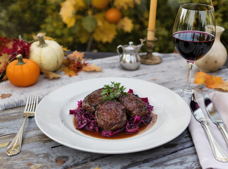Wine with food - venison medallions with juniper and red cabbage on a plate