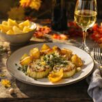 Wine with dinner – celery steak with hazelnut pesto and baked potatoes on rustic wooden table with Riesling glass