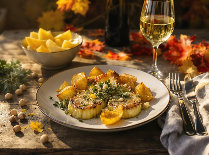 Wine with dinner – celery steak with hazelnut pesto and baked potatoes on rustic wooden table with Riesling glass