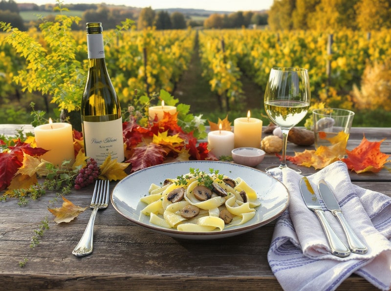 Wine with food Porcini mushroom pappardelle with thyme, truffle oil and Pinot Blanc in the Alsace garden