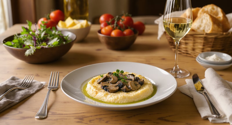 Wine with the meal Porcini mushroom polenta with parmesan and herb oil, served with a glass of Soave Classico from Veneto