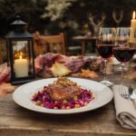 Wine with the meal Wild duck breast with apple-red cabbage & hazelnut brittle, served in the autumn garden with Pinot Noir from Oregon