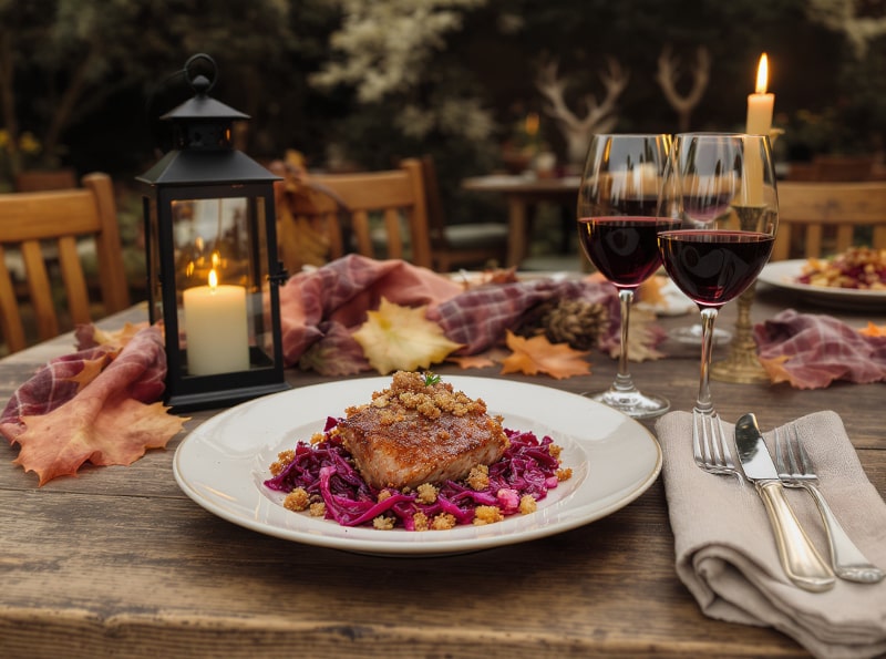 Wine with the meal Wild duck breast with apple-red cabbage & hazelnut brittle, served in the autumn garden with Pinot Noir from Oregon