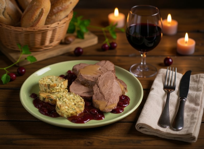 Wine with food – wild boar leg with cranberry jus and napkin dumplings on a rustic wooden table with Cabernet Sauvignon