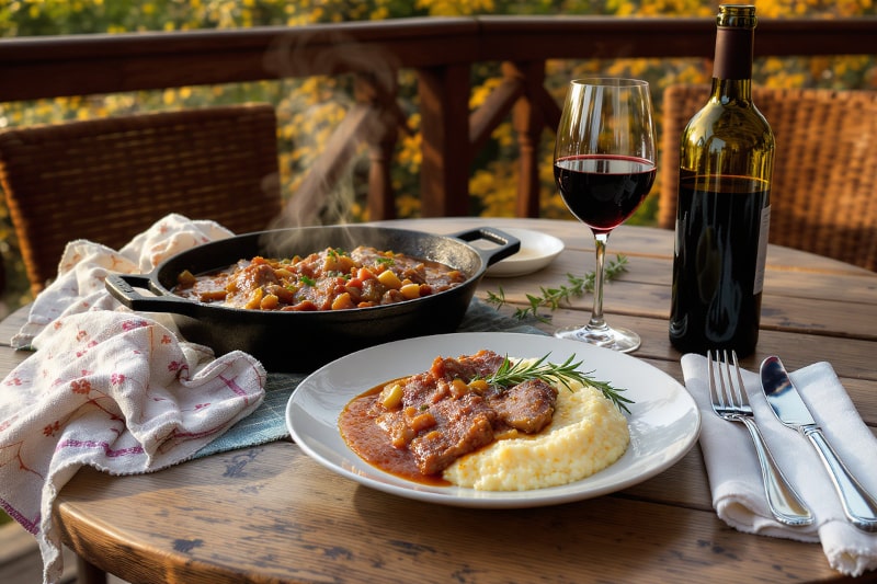 Wine with food Wild boar ragout with polenta and rosemary, served with Montepulciano d'Abruzzo