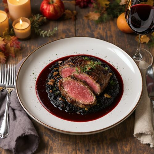 Wein zum Essen – Wildschweinrücken mit Schwarzwurzelpüree und Portweinjus, serviert mit Glas Barbera d’Asti
