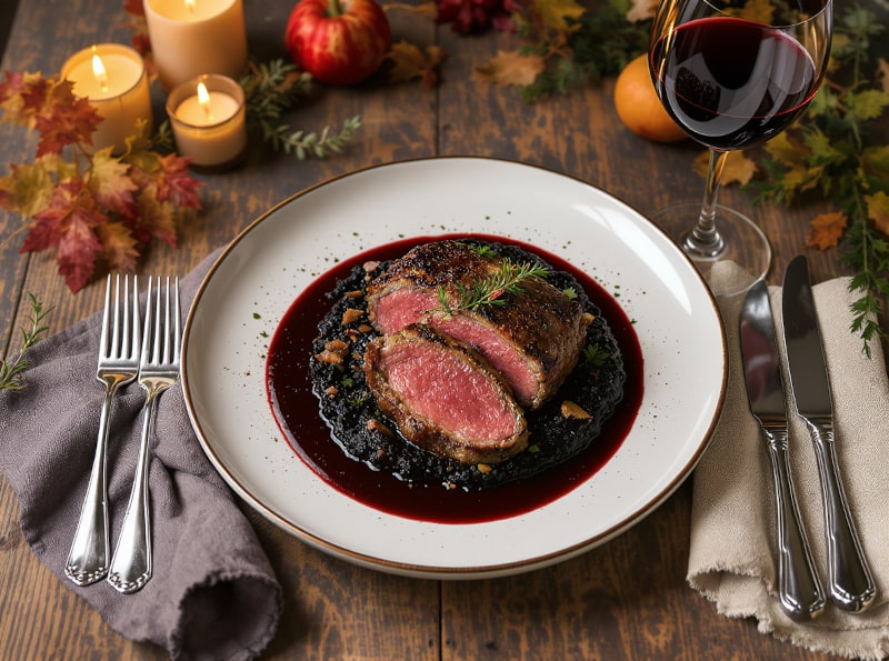 Wine with the meal - saddle of wild boar with black salsify purée and port wine jus, served with a glass of Barbera d'Asti