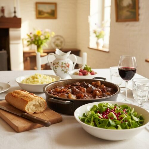 Wine with the meal Boeuf Bourguignon with pearl onions, bacon, lamb's lettuce and Bourgogne Rouge