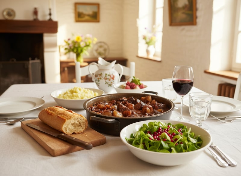 Wine with the meal Boeuf Bourguignon with pearl onions, bacon, lamb's lettuce and Bourgogne Rouge