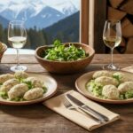 Wein zum Essen Buchweizennocken mit Bergkäse und Lauch auf alpenländisch gedecktem Tisch, Chardonnay aus Südtirol, alpine Deko und Beilagen.