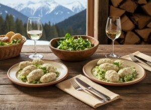 Wine with the meal Buckwheat dumplings with mountain cheese and leek on an alpine table, Chardonnay from South Tyrol, alpine decoration and side dishes.