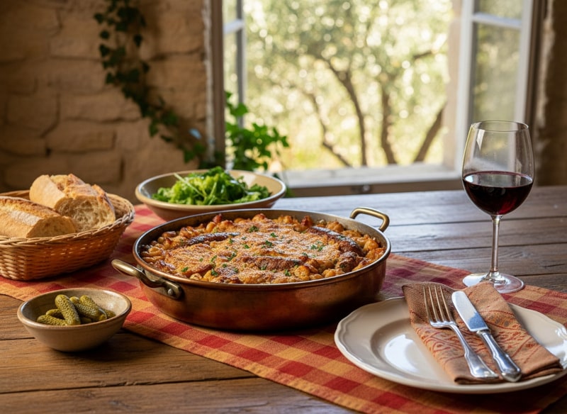 Wine with food - cassoulet with beans and sausage, baguette and Corbières on a rustic southern French wooden table