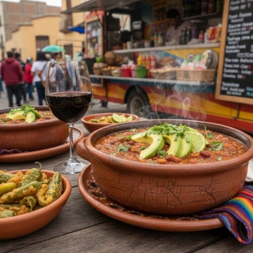 Wein zum Essen – Mexikanisches Chili sin Carne in rustikaler Ton-Schale mit Avocado, Kräutern und dampfender Oberfläche, serviert mit gebackenen grünen Chilis und einem Glas Rotwein vor einem bunten Foodtruck in lebendiger Straßenmarktatmosphäre.
