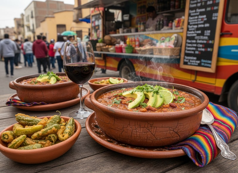 Wine with food - Mexican chili sin carne in a rustic clay bowl with avocado, herbs and a steaming surface, served with baked green chilies and a glass of red wine in front of a colorful food truck in a lively street market atmosphere.