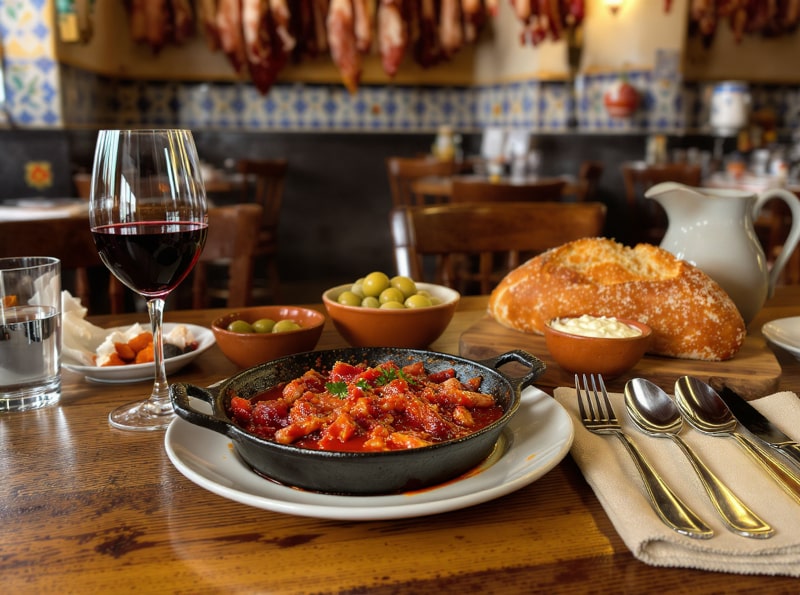 Wine with food - Cordero al Chilindrón, lamb in a Spanish tapas bar with Rioja, paprika, country bread, rosemary potatoes and asparagus