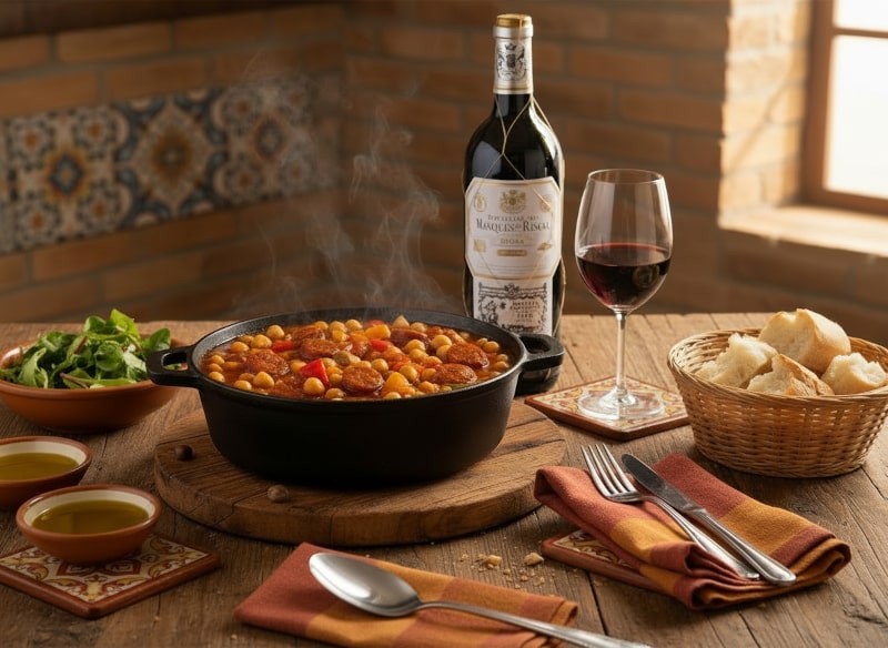 Wine with food - hearty chickpea stew with chorizo, bread and Rioja on a rustic Spanish-inspired wooden table