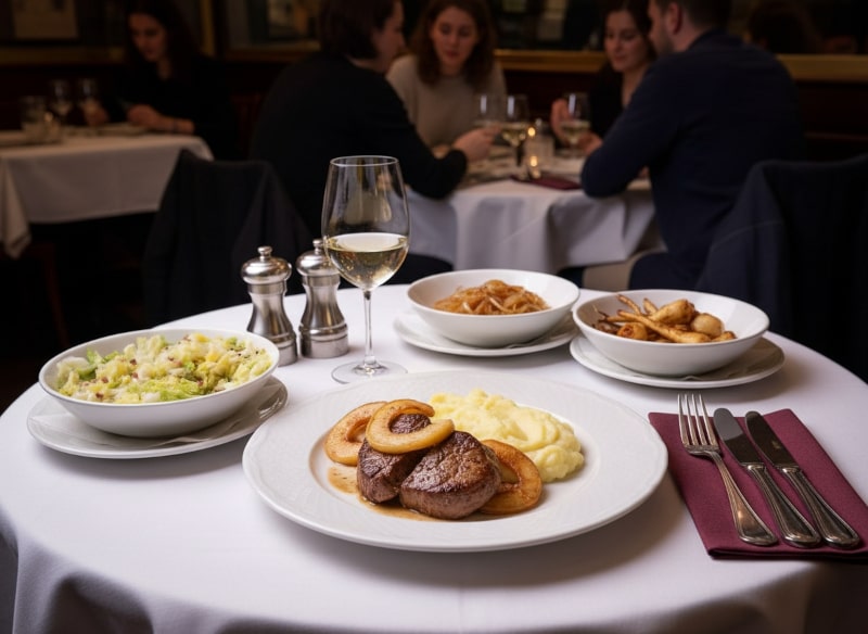 Wine with food Roasted veal liver with apple rings, mashed potatoes, Chenin Blanc Loire, bistro setting